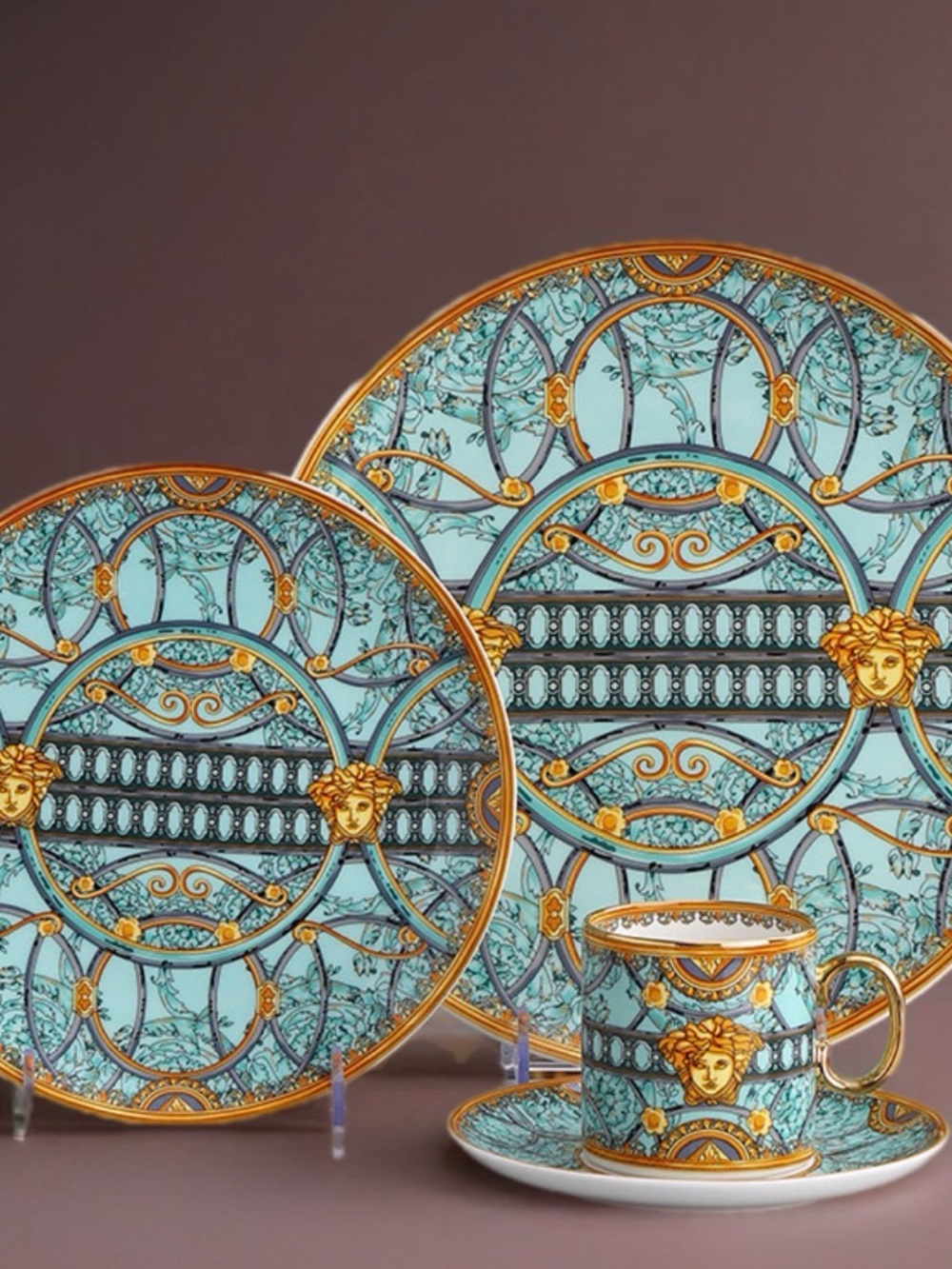 Versace Turquoise and Gold Baroque Porcelain Dinnerware - Great Gift with Box